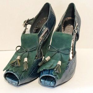 Teal croc print leather kilt fringe heel